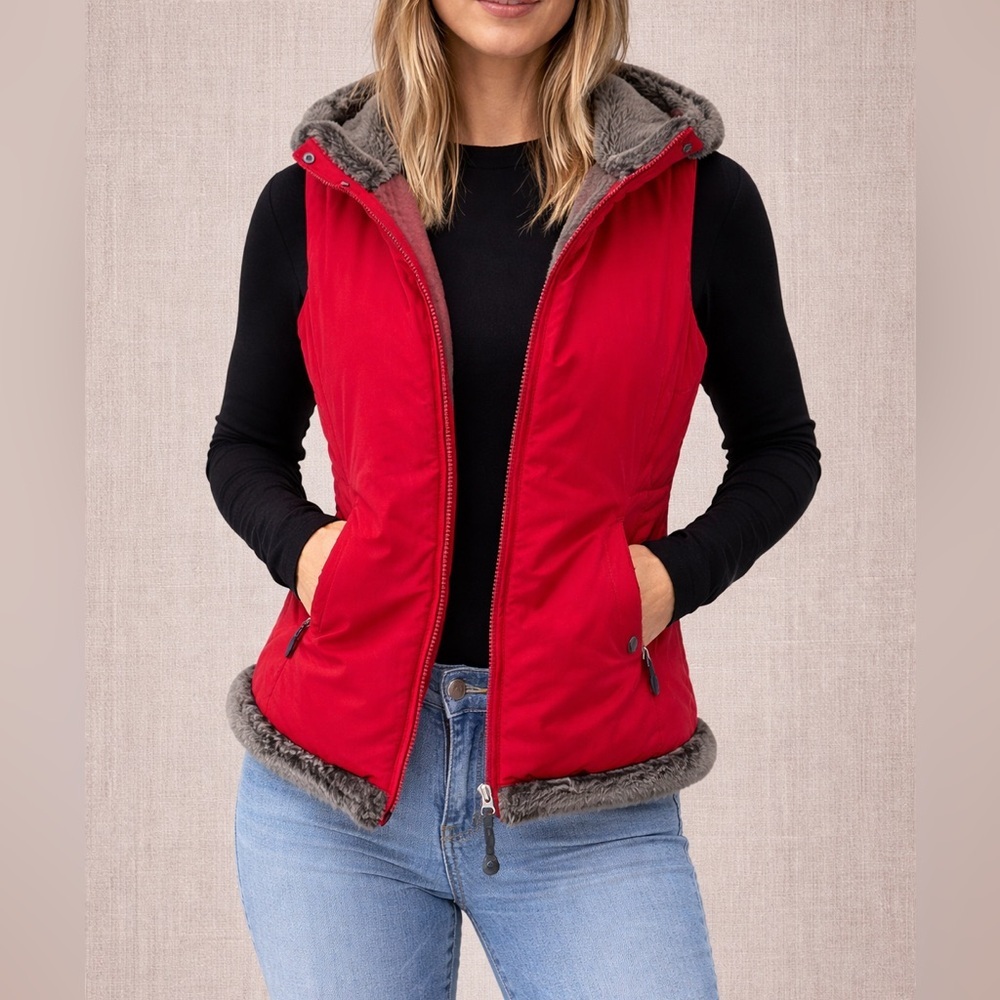Lole Red Vest With Grey Faux Fur Trim